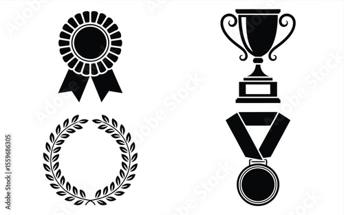 Vector graphic of achievement awards including trophy medal ribbon and laurel wreath for design projects