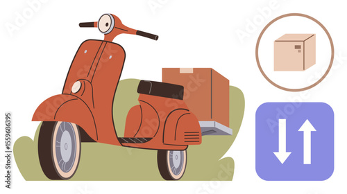 Retro scooter carrying a package, delivery box icon, and supply chain arrows highlighting transport. Ideal for delivery, logistics, shipping, courier, transportation retail urban mobility. A simple
