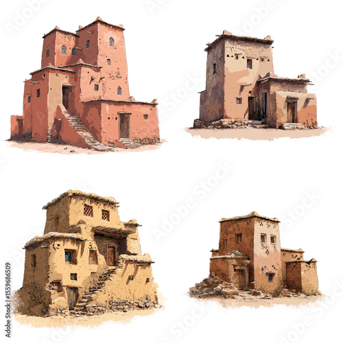 Adobe-style desert houses with flat roofs and earthy tones, built with clay and stone, illustrated in a rustic architectural sketch style representing traditional desert living.

