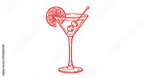 Cocktail party invitation vector illustration: martini glass with citrus slice, line art design
