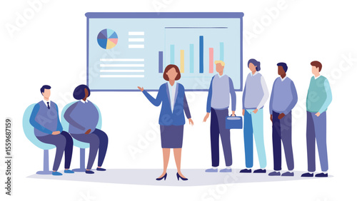 Business presentation with presenter and audience looking at charts on screen in a meeting room setting
