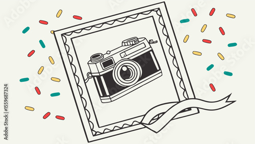 A vintage black and white illustration of a classic camera displayed in a decorative frame surrounded by colorful confetti sprinkles and a flowing ribbon