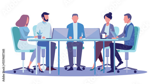 Illustration of five business professionals in a meeting at a conference table with laptops