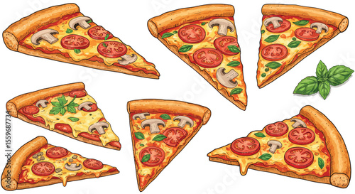 Delicious pizza slices vector illustration: hand drawn style for menu design