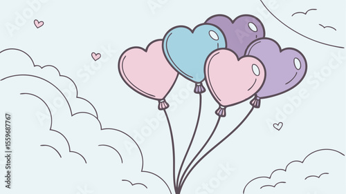 A cluster of pastel heart shaped balloons floats serenely against a pale blue sky with stylized clouds and a hint of a sun