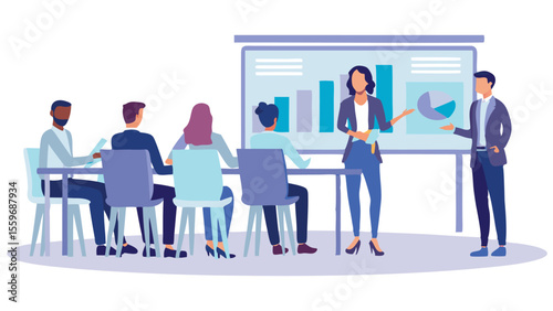 Presentation of business data to a group of people in a conference room setting with charts and graphs