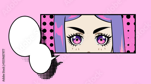 Pop art inspired vector of expressive manga-style eyes with thick brows and pink hair, speech bubbles, bold black outlines, and halftone dot shading on a light pink background.