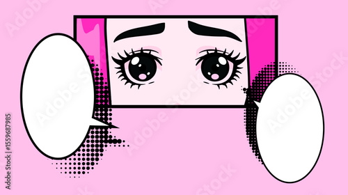 Pop art inspired vector of expressive manga-style eyes with thick brows and pink hair, speech bubbles, bold black outlines, and halftone dot shading on a light pink background.