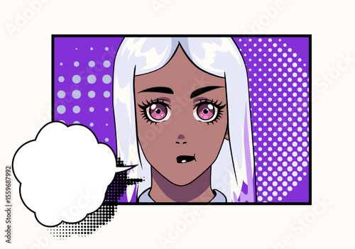 Colorful vector illustration in modern pop art anime style. Features a girl with white hair, pink eyes, and brown skin, with a vibrant purple halftone background and empty comic speech bubble.