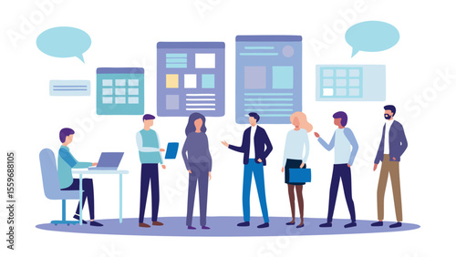 Illustration of a business meeting with team members discussing project strategies and ideas shown