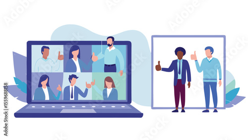 A virtual meeting with participants giving thumbs up on a laptop and two people in a frame, too