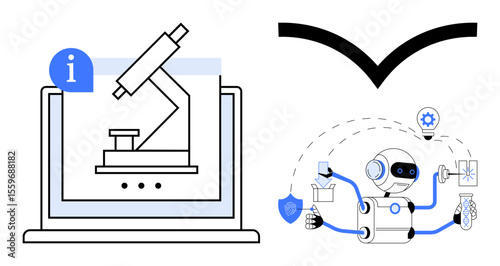 Microscope displayed on a laptop screen and a multi-tasking robot with tools and icons. Ideal for science, robotics, AI, automation, technology, education, innovation. Simple flat metaphor