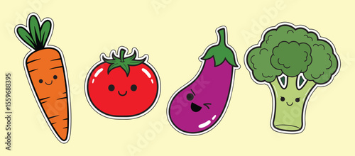 Cute Cartoon vegetable characters set. Kawaii faces of carrot, broccoli, tomato, brinjal for kids Vector vegie food illustration collection