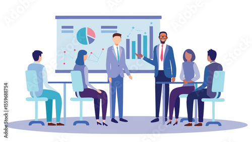 Illustration of a business presentation with a presenter and several seated attendees in a meeting room