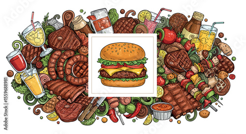Bbq feast with burger vector illustration: design for menu, poster, card in doodle style