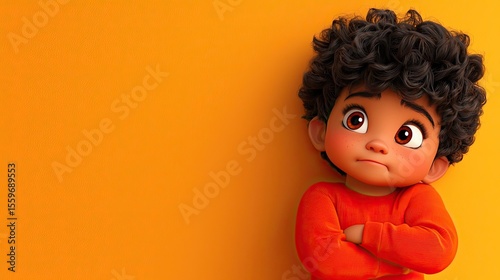 Cute Cartoon Boy with Curly Hair in Orange Sweater on Yellow Background