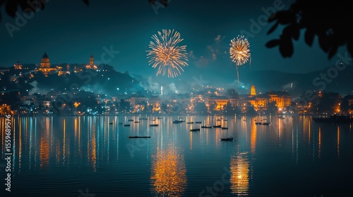Spectacular fireworks illuminate Udaipur city skyline over Pichola lake at night