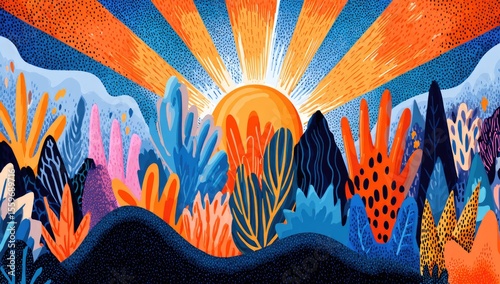 Vibrant sunrise over a whimsical landscape
