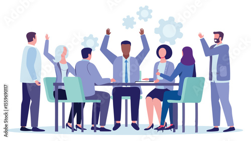 Group of diverse professionals celebrating success at a meeting with gears above their heads