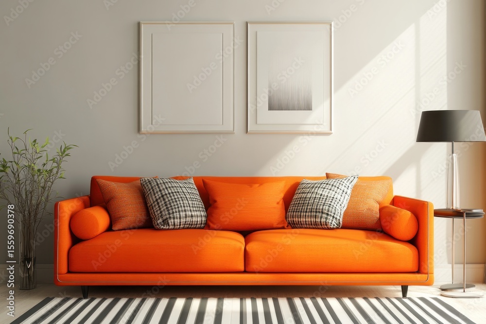 Fototapeta premium Stylish home living room with orange sofa centerpiece, modern lamps, clean design