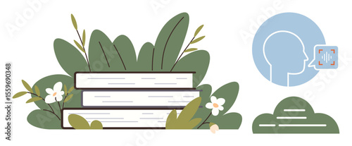 Stack of books surrounded by greenery and flowers next to human profile with voice recognition symbol. Ideal for education, technology, AI, sustainability, learning, innovation, connection. A simple