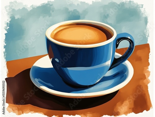 Vibrant Blue Coffee Cup with Creamy Latte Art on Saucer Warm Autumnal Setting