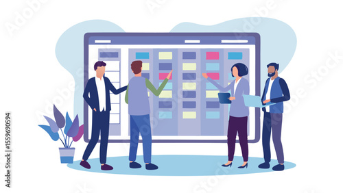 Business team planning a project on a large digital screen with sticky notes and a plant nearby it
