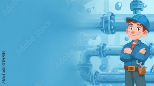 Cartoon Plumber Character with Tools and Water Pipes Background