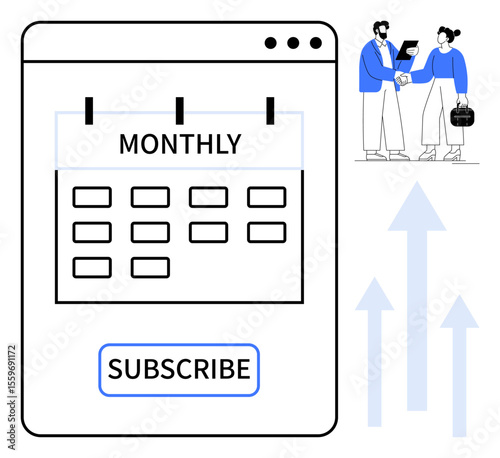 Digital calendar marked Monthly with subscribe button, professionals shaking hands, upward arrows. Ideal for subscription, planning, business partnership, growth, strategy, productivity revenue