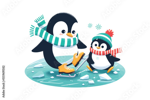 A penguin trying to ice skate but constantly slipping, flat vector style, white background