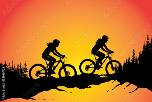 Silhouettes of two mountain bikers riding on a trail at sunset amidst scenic natural surroundings, conveying adventure, fitness, and outdoor exploration.