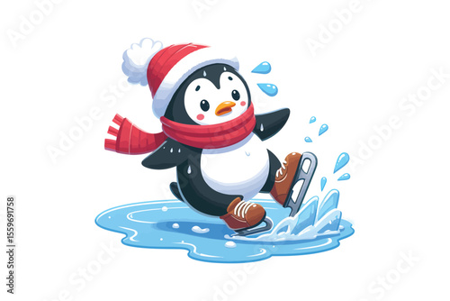 A penguin trying to ice skate but constantly slipping, flat vector style, white background