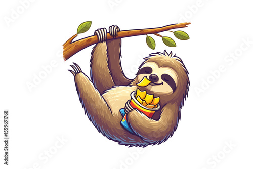 A sloth hanging from a branch, lazily eating chips, flat vector art on a white backdrop