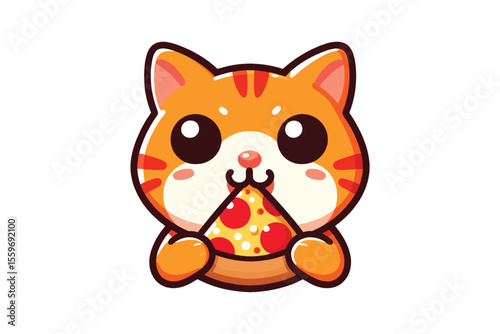 A cheerful, orange tabby cat eating pizza, the crust in its mouth, flat vector art, white background with no shadows
