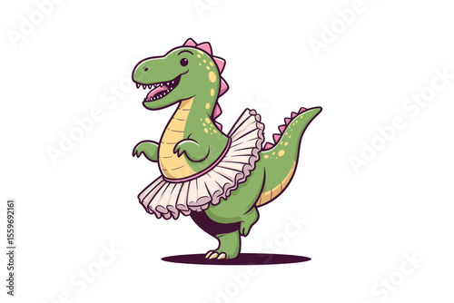 A dinosaur wearing a tutu, and attempting ballet, flat color vector, white backgro