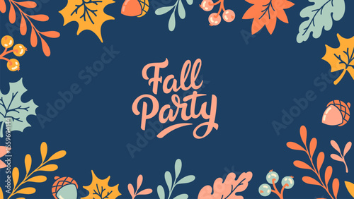 Elegant wide web banner with a 'Fall Party' theme, surrounded by autumn leaves and acorns, ideal for event promotions