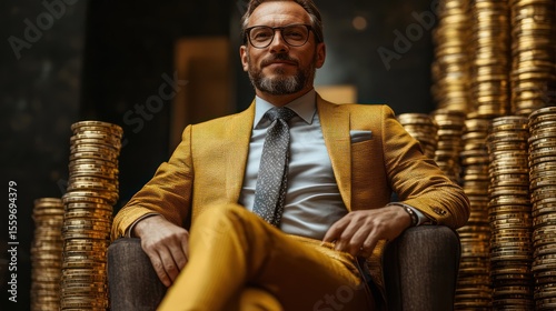 Wealthy man in golden suit sitting amongst stacks of gold coins