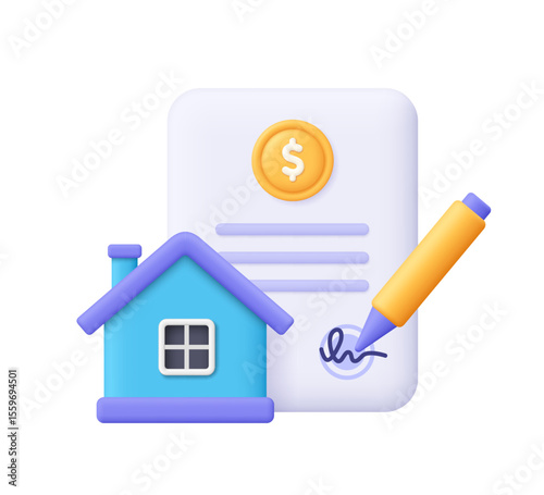 Signed contract document with a dollar coin, pen and house. House real estate contract, rental agreement or lease contract. 3d vector icon. Cartoon minimal style.
