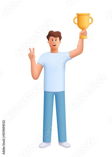 Young smiling man James holding a golden trophy high in hand and showing a peace sign. Winning, competition and personal accomplishment concept. 3d vector people character. Cartoon minimal style.