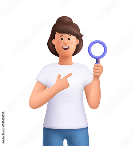 Young smiling woman Jane holding a magnifying glass. Search, investigation, research and discovery concept. 3d vector people character. Cartoon minimal style.
