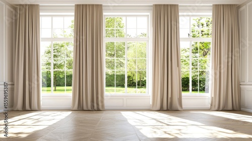 Bright Minimalist Room with Large Windows and Elegant Curtains