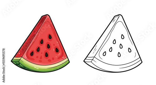 Watermelon Slice Coloring Page with Full Color and Outline Fruit Art Educational Activity