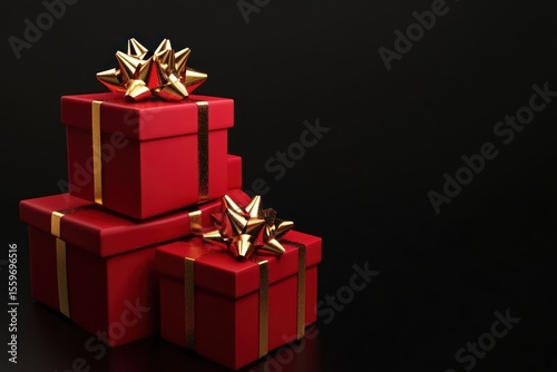 Realistic red Christmas gift boxes stacked with golden bows, 3D render against a black background