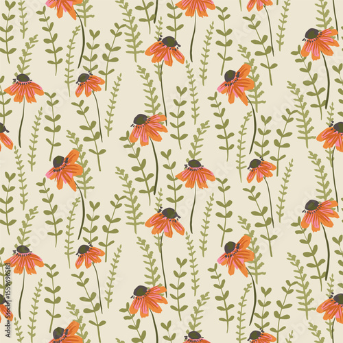 A ferns garden with wildflowers forming a maximalist botanical pattern in colors of orange, pink, brown and green on beige background. Floral seamless vector pattern. Great for home decor, fabric, etc