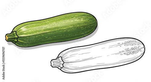 Zucchini Coloring Page with Full Color and Black Line Art Vegetable Art Kids Activity