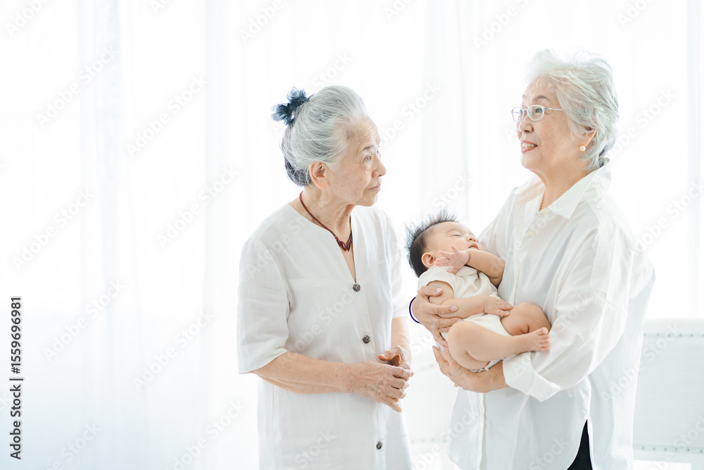 Obraz premium 赤ちゃんを抱っこするシニア女性たち