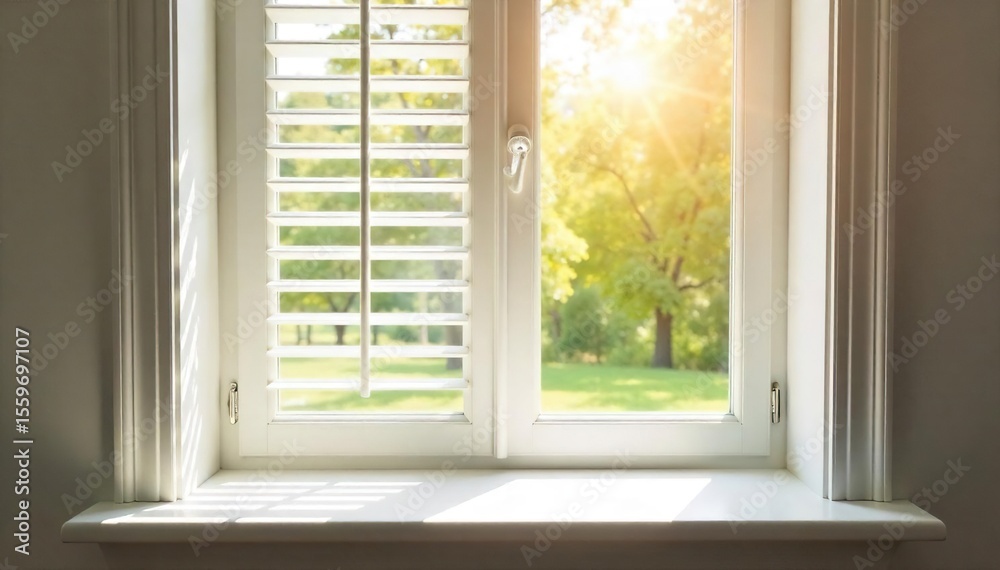 Obraz premium Warm Sunlight Streaming Through White Shutters onto Window Sill, Creating a Cozy Home Atmosphere