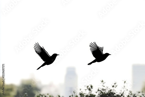 Two Silhouetted Birds in Flight Urban Nature Scene Minimalist Design