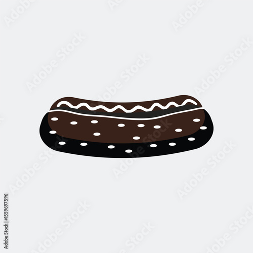 Stylized illustration of a chocolate eclair with white icing and dots
