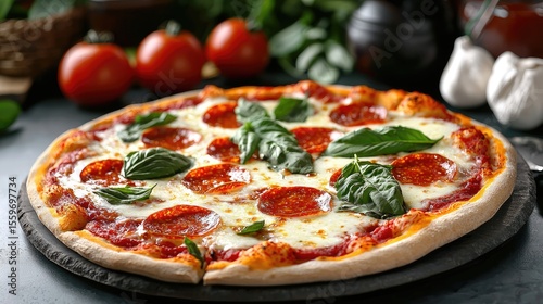 Fresh Pepperoni Pizza Garnished with Basil Leaves on Wooden Board